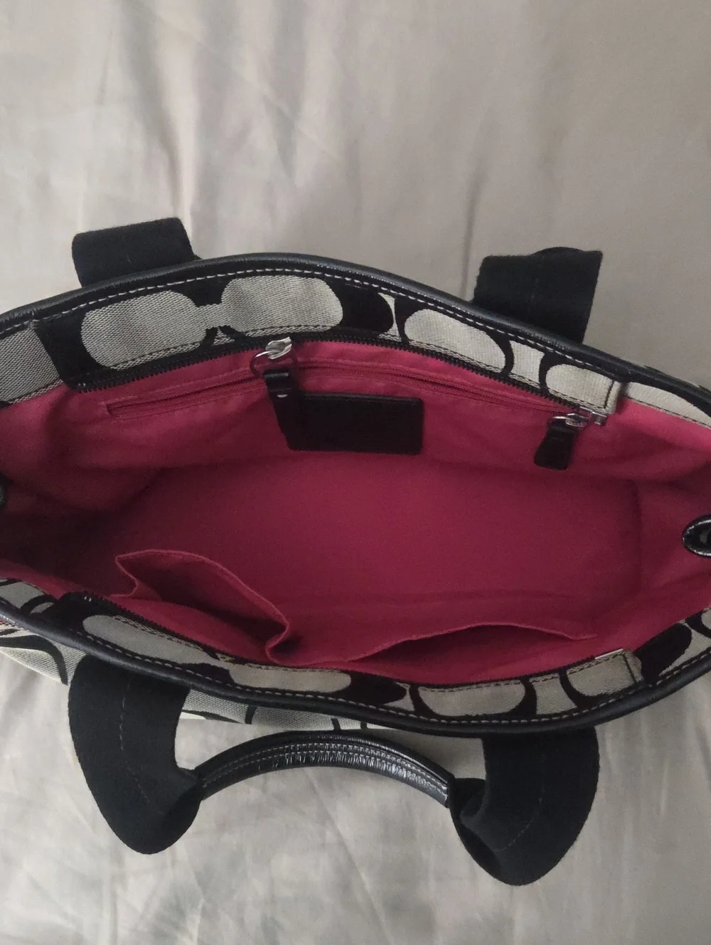 Coach Black and Khaki Signature Canvas Tote with Pink Charm